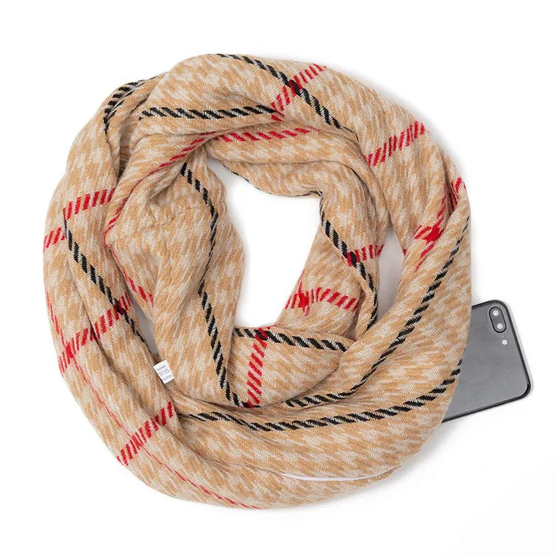 

2021 winter classical Plaid warm Travel Infinity scarf with Hidden Pocket Cashmere Scarves Female Shawls Pashmina Lady blanket