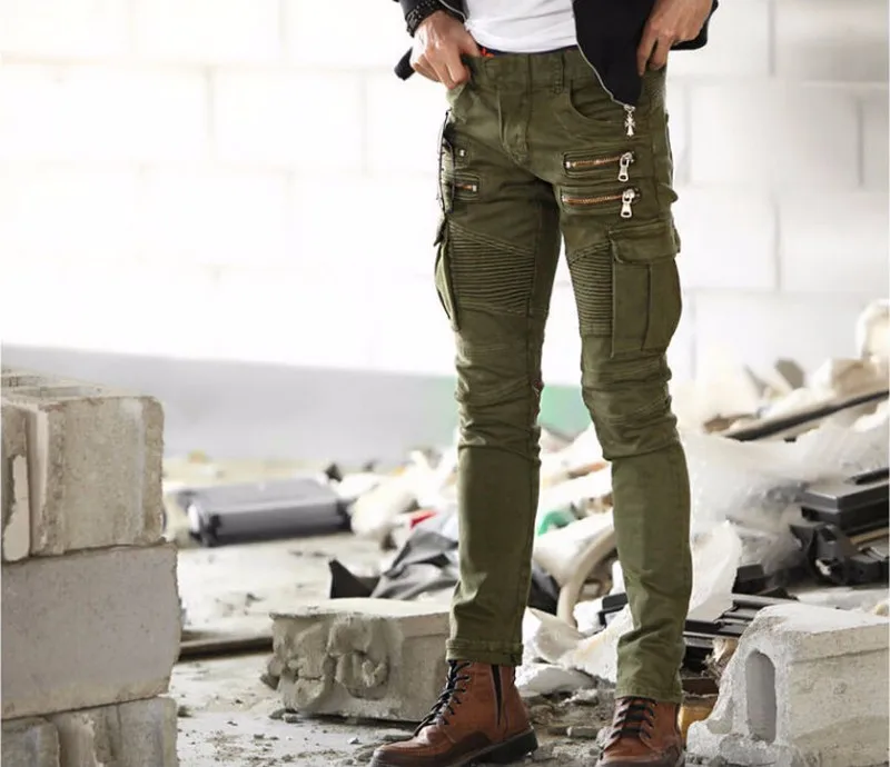 Famous brand high quality luxury men jeans slim elastic pleated Pencil Pants pocket with side zip jeans men denim Biker jeans
