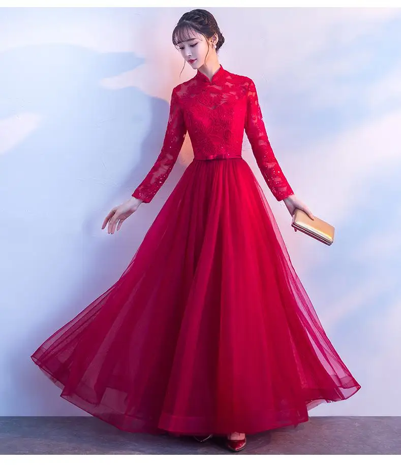 Зимнее женское красное платье с длинным рукавом Cheongsam винтажное свадебное