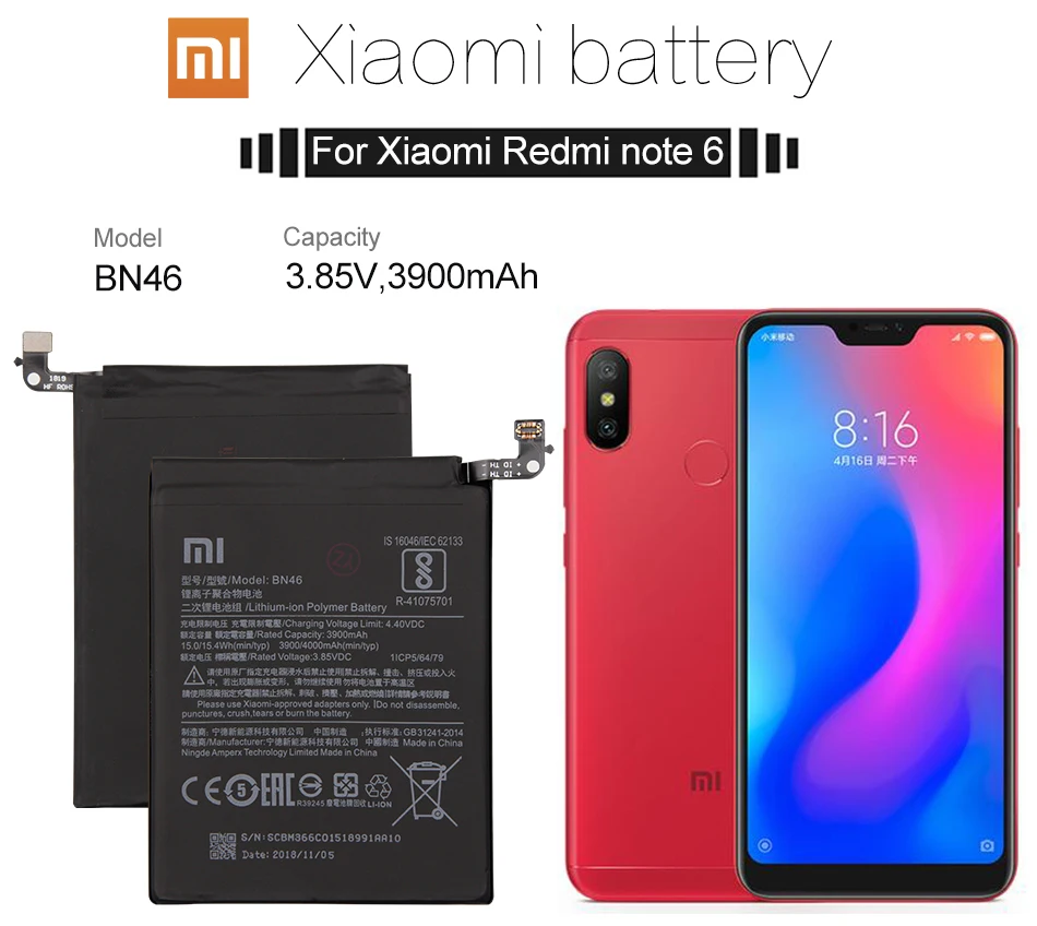 Аккумулятор для телефона Xiao mi BN46 для Xiao mi Red mi Note 6 3900 мАч, сменные батареи, Бесплатные инструменты