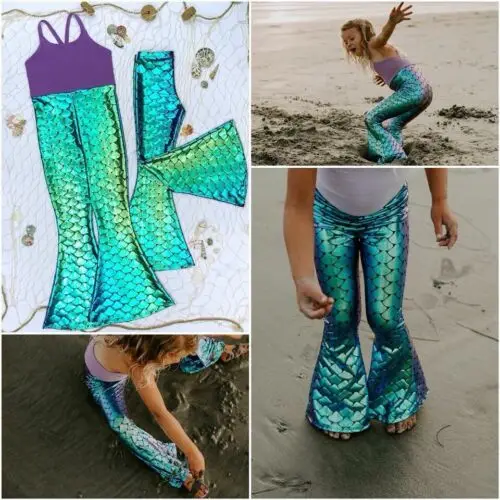 2019 Kid Girls Shiny Mermaid Pants Flare Bottom Leggings Metallic Fish Scale Fancy Clothing Party New | Детская одежда и обувь