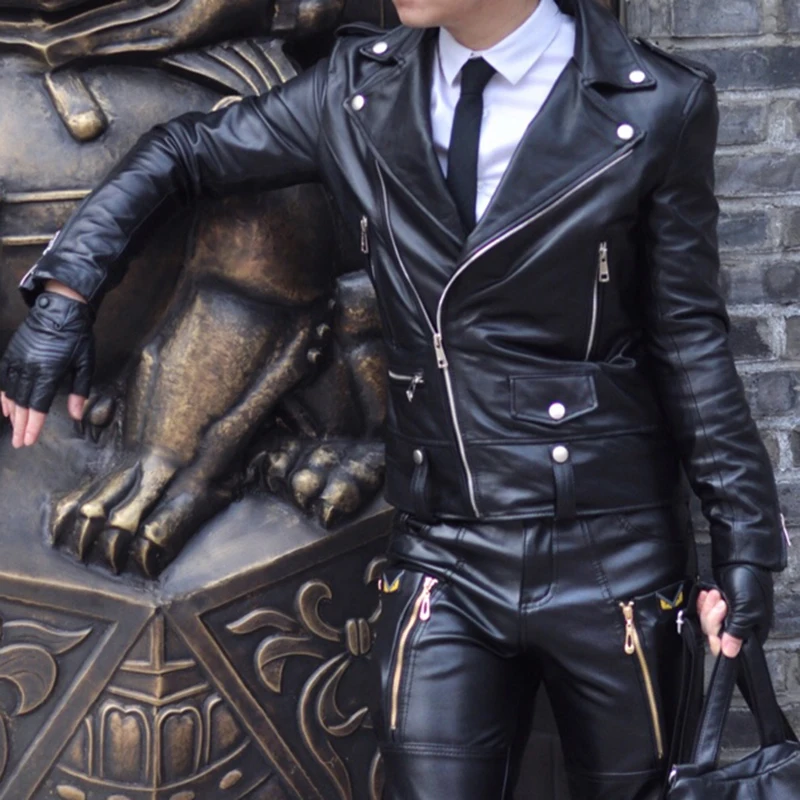 

2019 Sheepskin Motorcycle Genuine Leather Jacket Mens Plus Size S-4XL Lapel Moto Biker Jacket Zipper Black Short Leather Coats