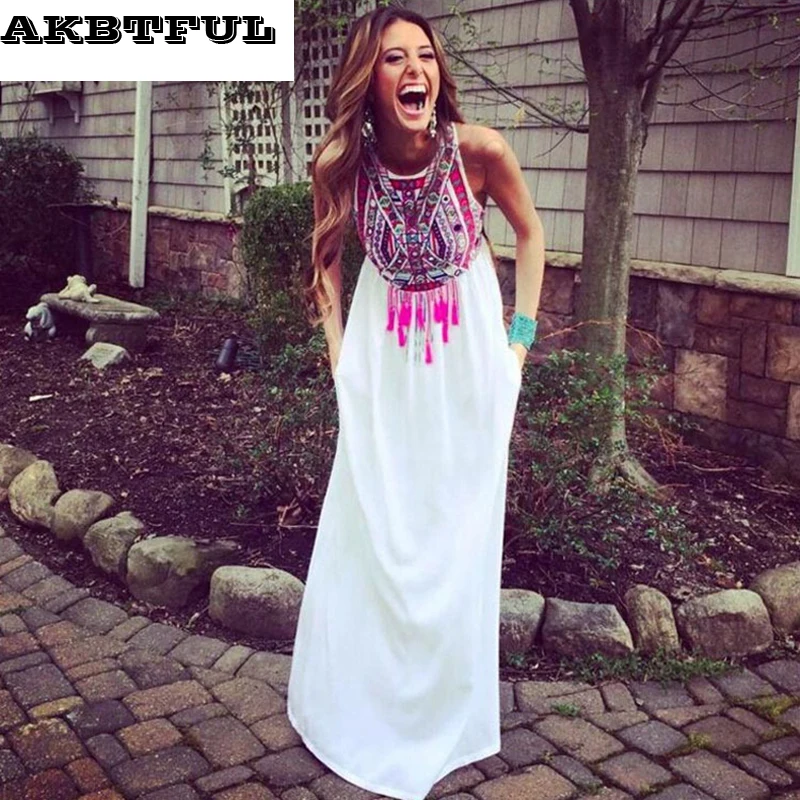 Women beach out female Floor Length Gown Dress Output Beach Summer Vintage Indian White gown Dresses saida de women 2017 | Женская