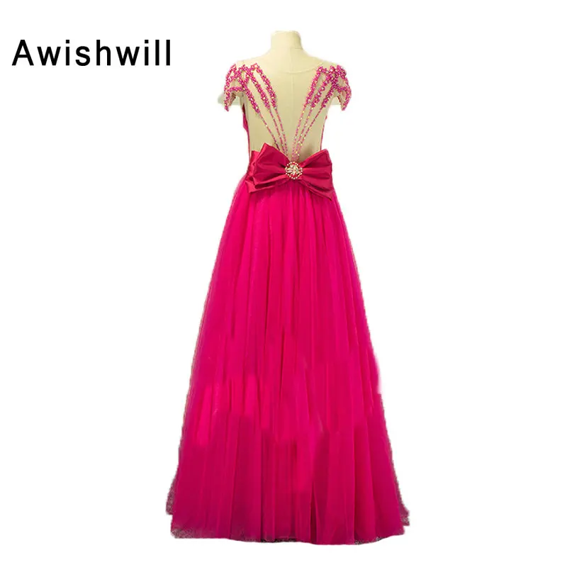 Real Photo Hot Pink Long Prom Dress Short Sleeve Transparent Back Beaded Tulle With Bow Fashion Evening Gown Vestido de Fiesta | Свадьбы и