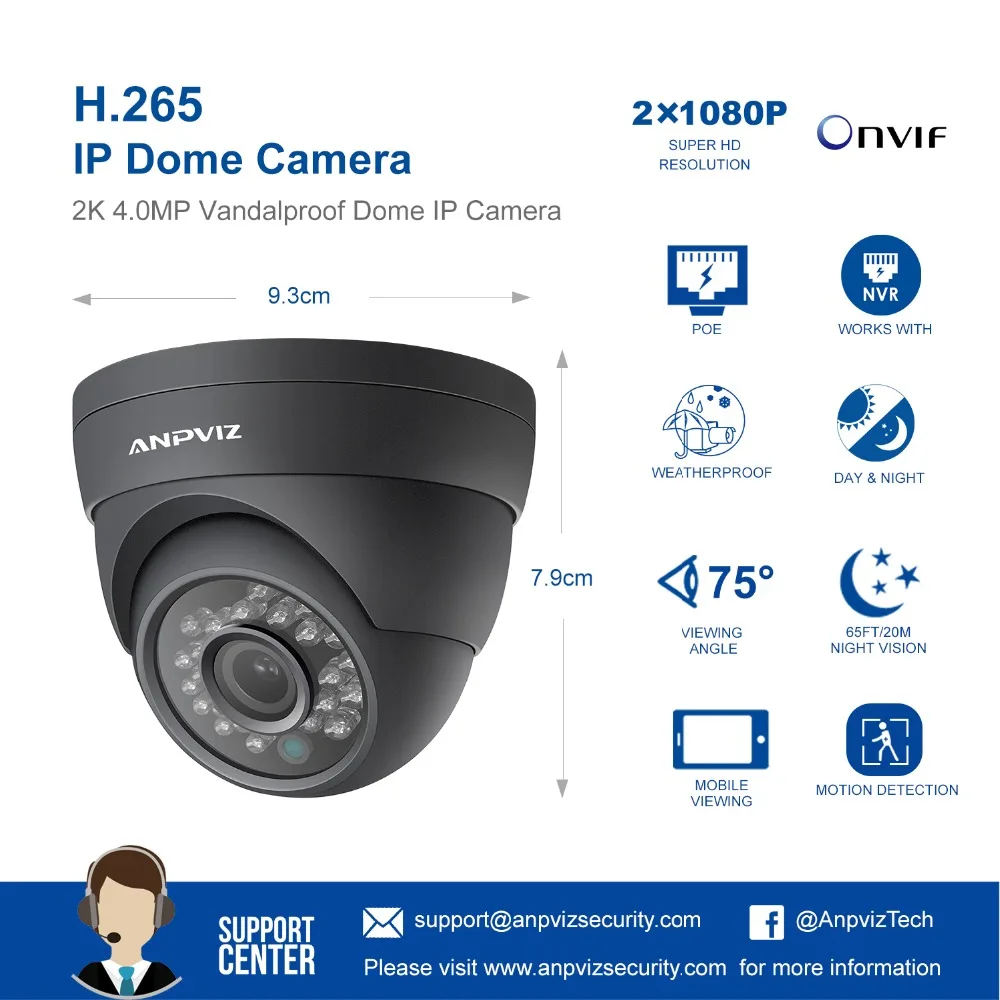 Наружная камера видеонаблюдения Anpviz 2K POE IP Onvif 4 МП PoE для системы безопасности