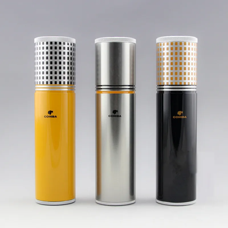 

COHIBA Travel Cigar Tube Gadgets Yellow Black Silver Aluminium Alloy Portable Jar MINI Humidor W/ Humidifier Hygrometer