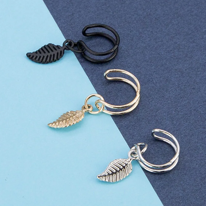 

Fashion Gold color Punk Simple ear clips For Women Leaf Tassel Ear Stud Earrings Ear clip without piercing Ear Female jewelry
