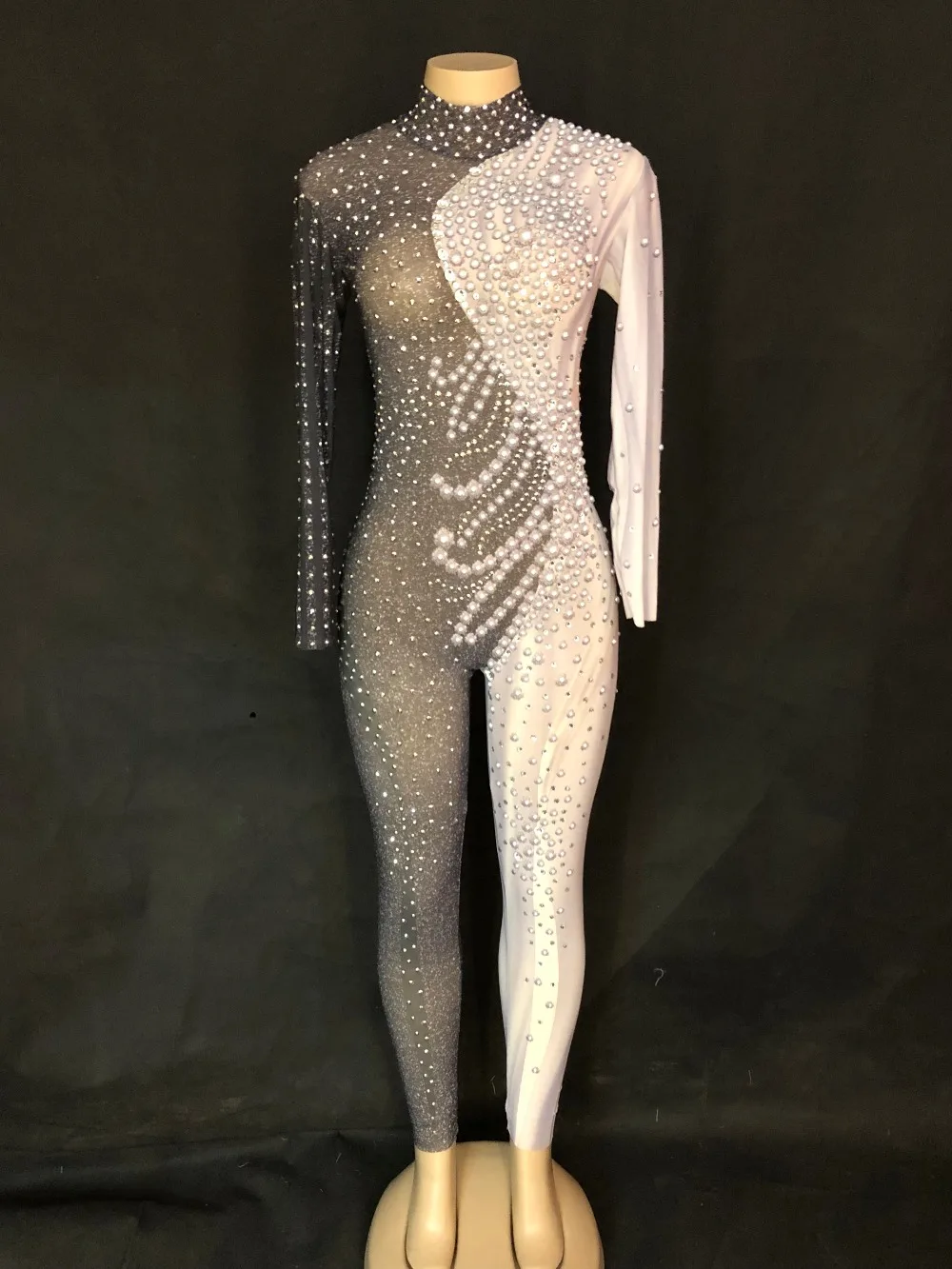 Women Sexy Net Yarn Black White Jumpsuit Sparkling Crystals Nightclub Birthday Party Stage Wear for Dancer Singer Dance Costumes | Женская