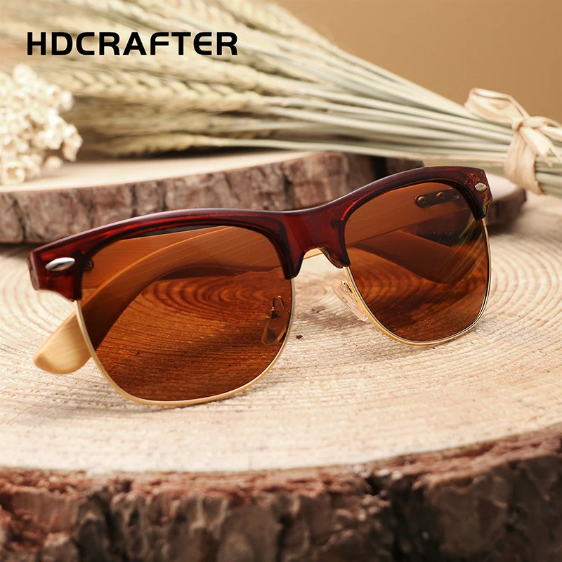 HDCRAFTER новые мужские бамбуковые солнцезащитные очки Ретро Винтажные в полуоправе солнцезащитные очки в деревянной оправе для мужчин женщин Gafas Oculos de sol