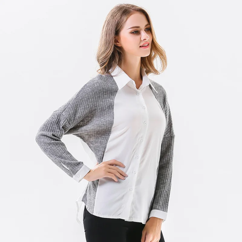 Осень Зима блузка рубашка женская 2018 Blusas трикотажные Лоскутные Blusa повседневные