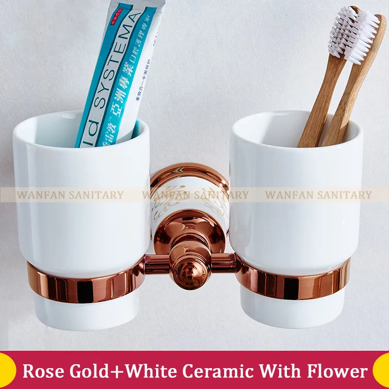 Rose Gold With Flowe Настенный держатель для ванной комнаты, европейский стиль роскошный золотой держатель для зубной щетки, держатель стаканов двойной подстаканник - Цвет: Rose Gold With Flowe
