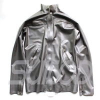 men s latex jacket with high neck rubber latex in metallic silver
