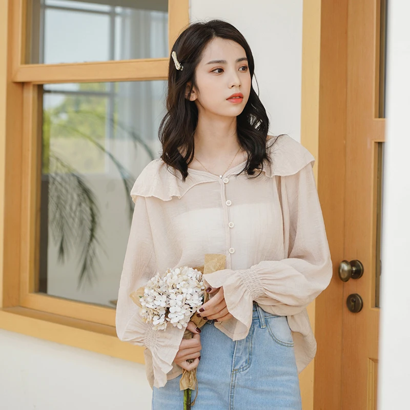 Женские прозрачные шифоновые весенние блузки Femme Ruffles фонарь рукав прозрачная