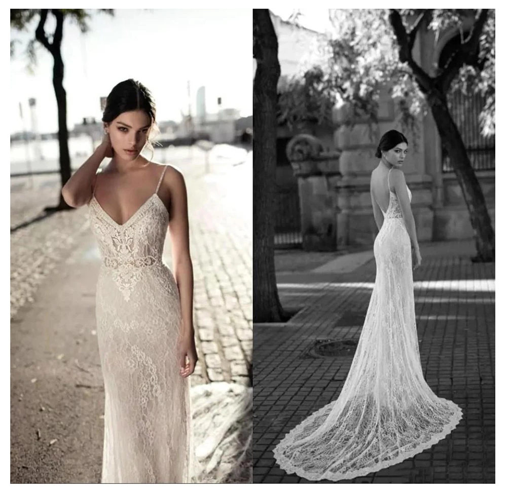 

new Lace Wedding Dress Vestidos de novia Spaghetti Straps Lace Sexy Bridal Gown Elegant Backless Wedding Gowns