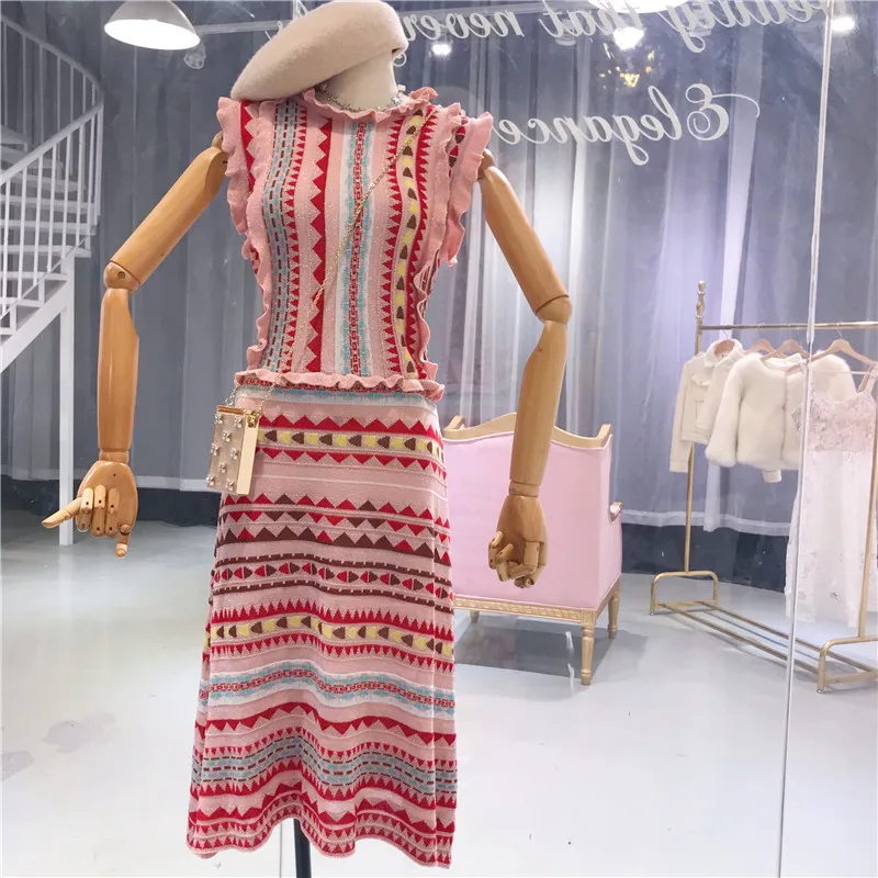 ALPHALMODA женское Полосатое Яркое летнее вязаное платье с рукавами-рюшами, пуловеры, женское Повседневное трикотажное платье с узором