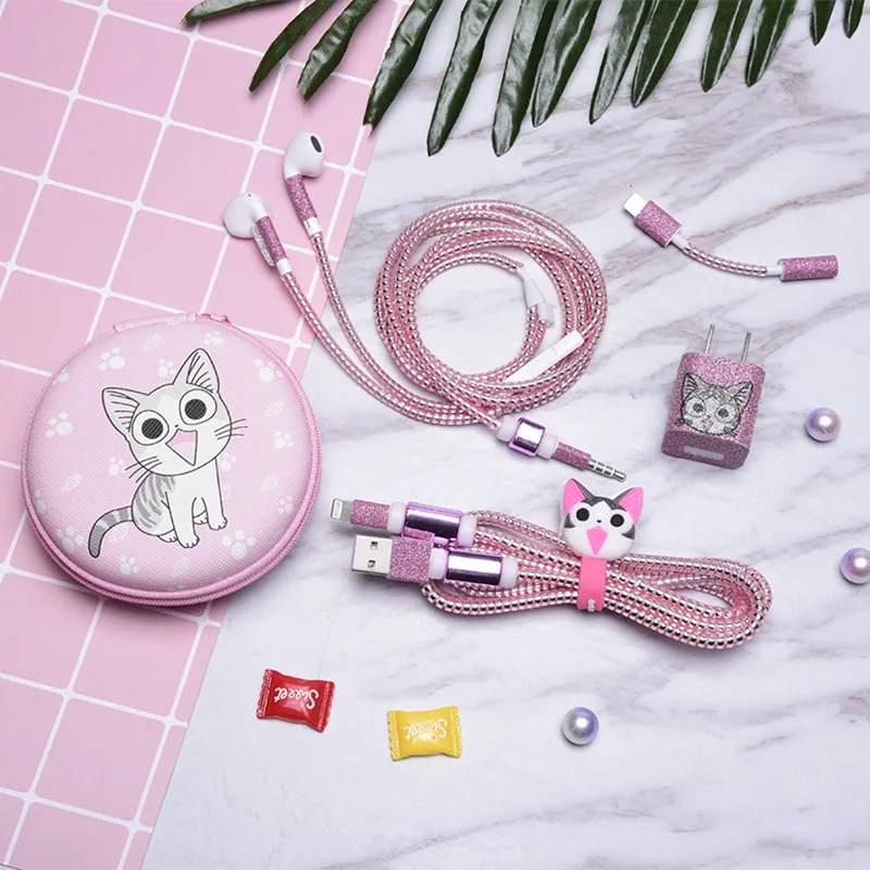 New Cartoon USB Cable Earphone Protector Set With Box Winder Stickers Spiral Cord For iPhone 7 6 6s 8 X | Электроника