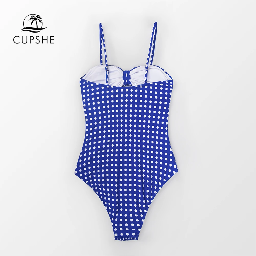 CUPSHE синий в горошек со сборками Цельный купальник женский сексуальный с бантом
