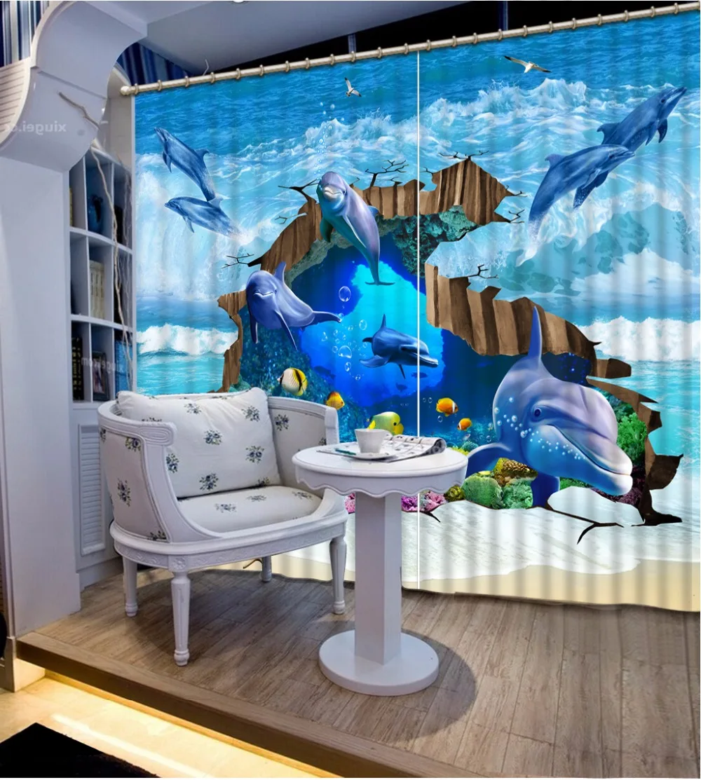 Пользовательские европейские 3d занавески с дельфином для гостиной спальни
