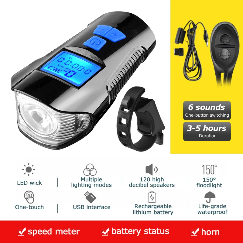 Deluxe Edition Blue Водонепроницаемая велосипедная фара зарядка через usb велосипед передний свет фонарик руль управления для мотоциклов велосипедный фонарик для головы w/рог скорость метр ЖК дисплей экран - Цвет: Deluxe Edition Blue