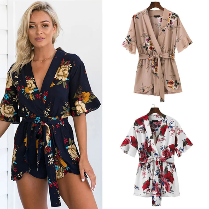 Женский шифоновый комбинезон с цветочным принтом пляжный короткий треугольным