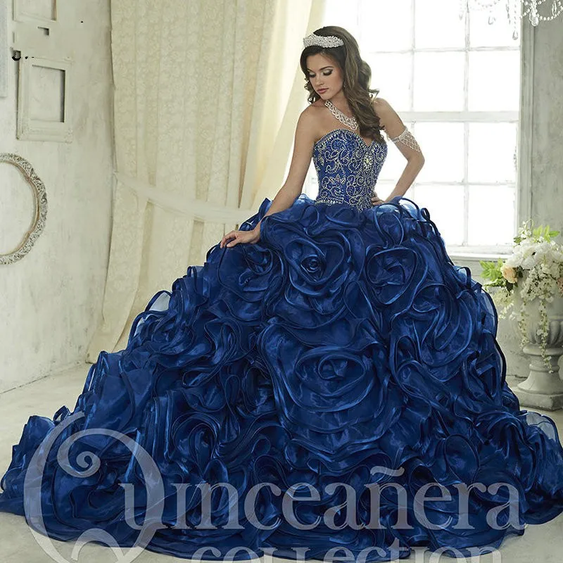 

2019 Luxurious Blue Ball Gown Quinceanera Dresses Beading Crystals Sweetheart Ruffles Vestidos De 15 Anos Sweet 16 Dresses