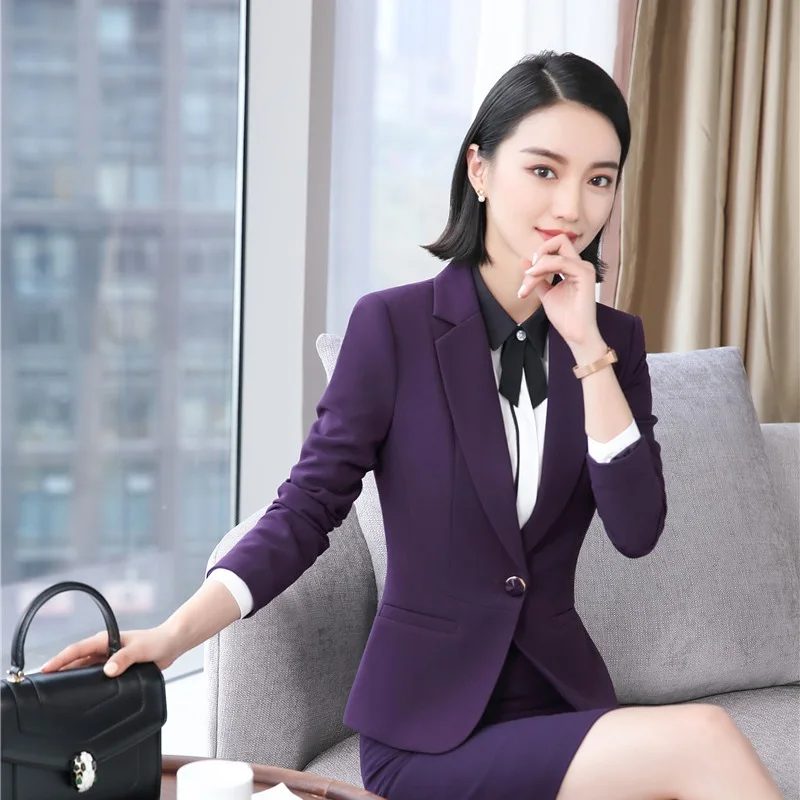 Элегантный фиолетовый 2018 новый стиль блейзеры юбки костюмы с курткой и юбкой