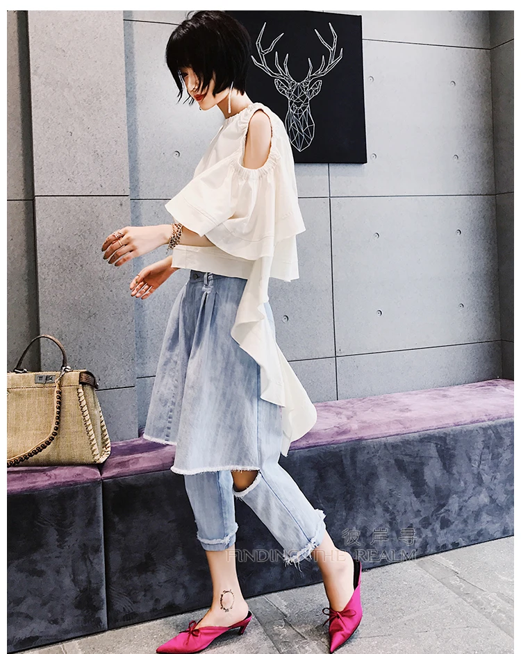 2018 New False Two Jeans Women Trousers Holes Knee Street Light Blue Denim Pants Autumn Wear |