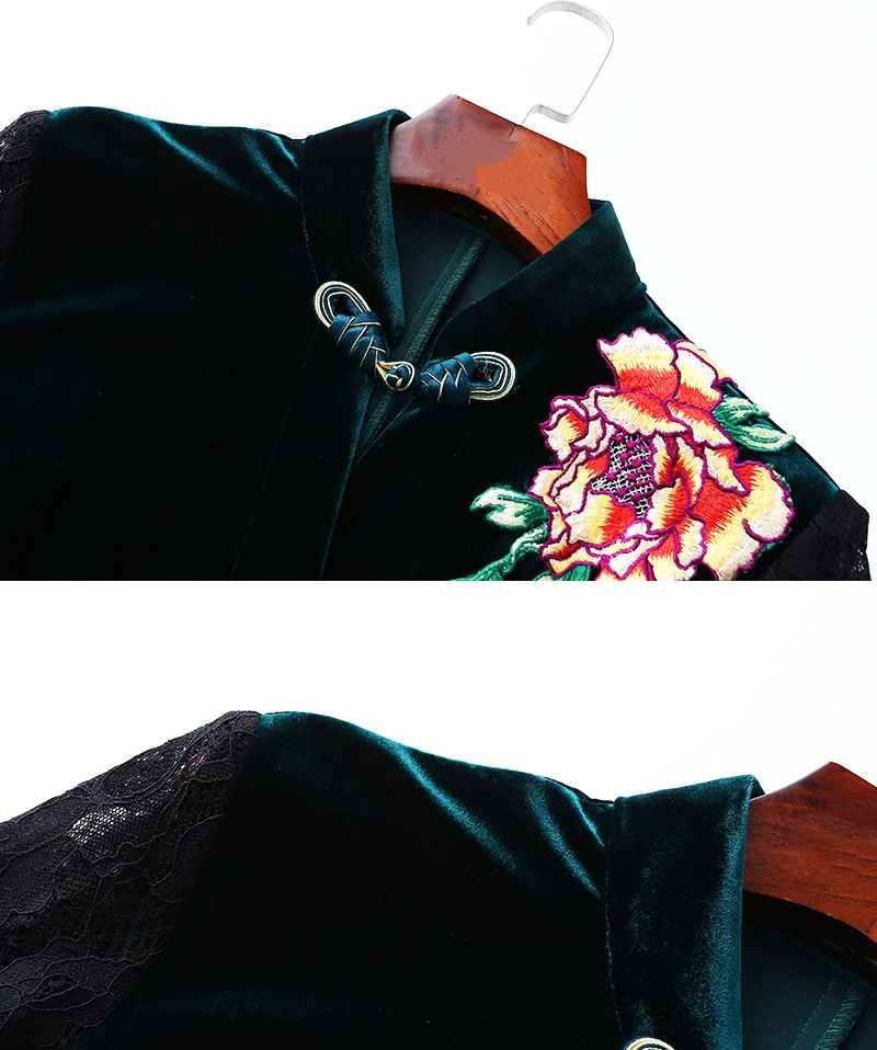 Женское кружевное лоскутное платье Qipao зеленое бархатное с вышивкой и рукавом 3/4