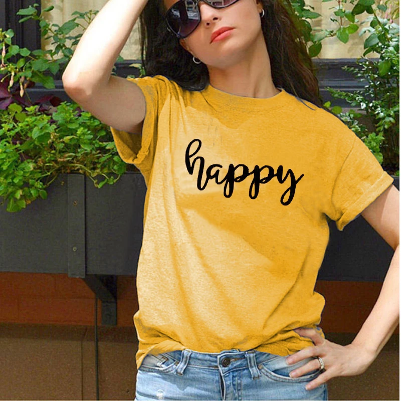 Женская хлопковая футболка с коротким рукавом Happy модная забавная короткими