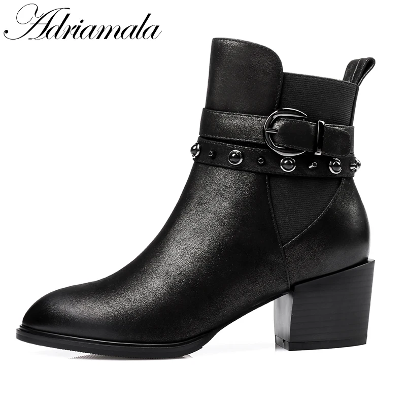 2017 острый носок толстый каблук Ботильоны из натуральной кожи для Осенне-зимняя