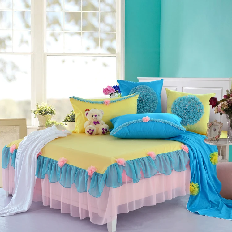 Free Ship Home Textile Princess Lace Ruffle Bedding Set Blue Pink Yellow Sets Queen King Bed 4Pcs Wedding Cover | Дом и сад