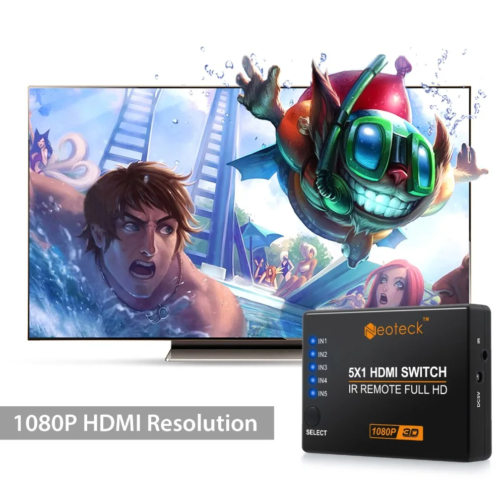 ESYNiC 5 портов 1 3 HDMI коммутатор с кабелем питания + ИК-пульт дистанционного
