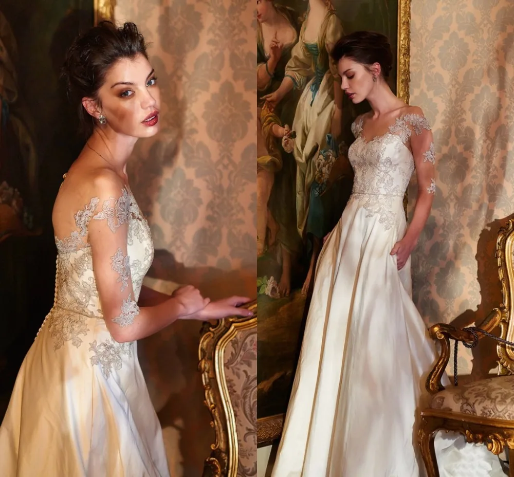 2016 Марочное Шампанское Sheer Половина Рукава Кружева Аппликация Line свадебное