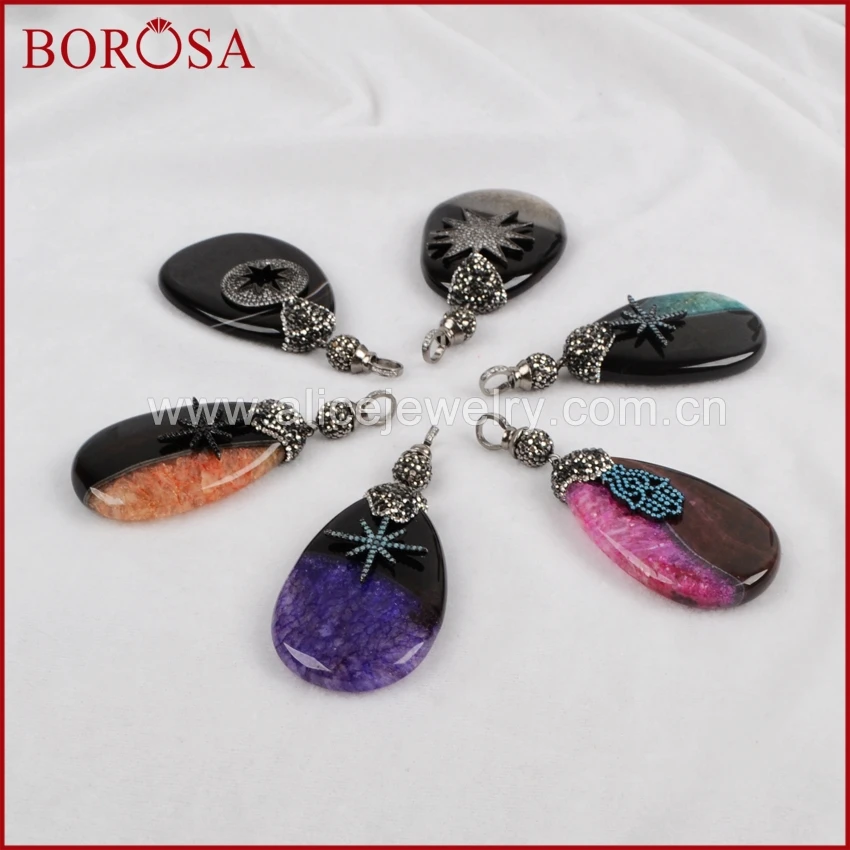 

BOROSA Water Drop Druzy Stone Pendant, Mix Color Oval Multi Color Stone Bead With Star Hamsa Hand Pave CZ Drusy Gems JAB527