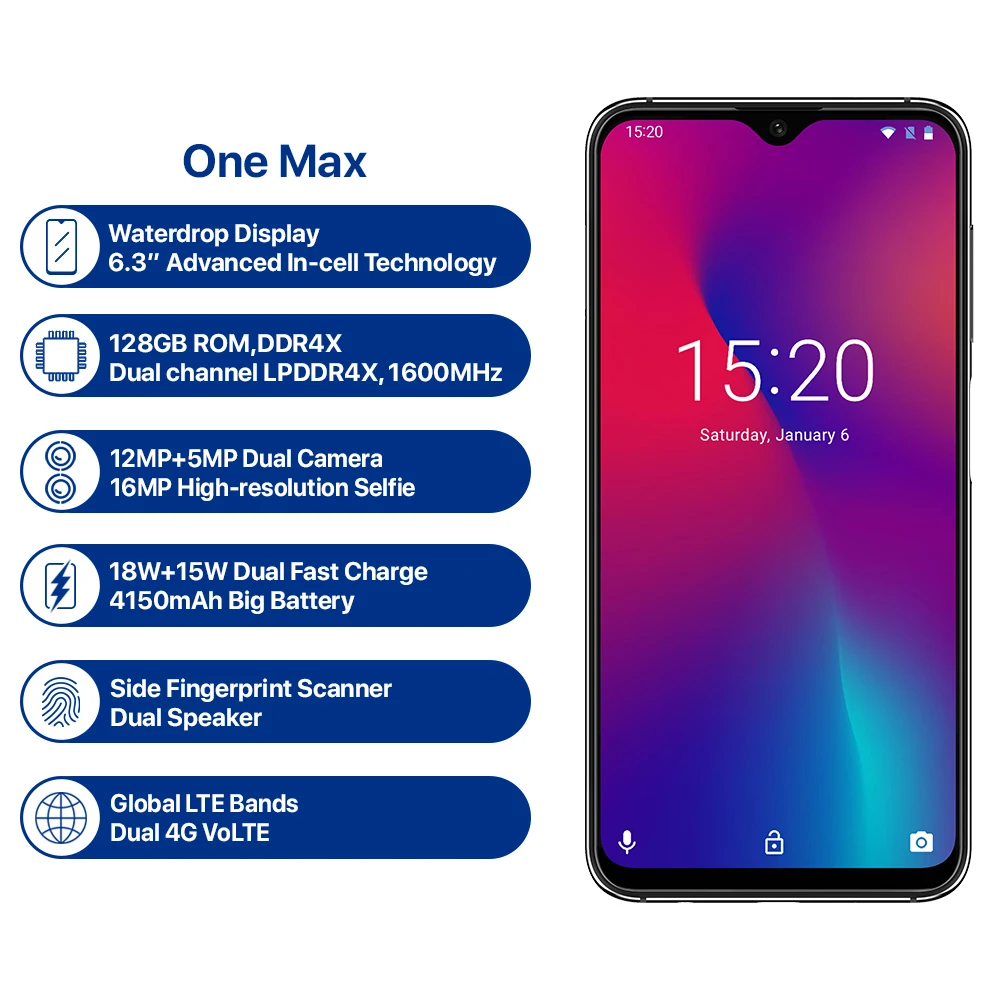 UMIDIGI One Max 4 Гб 128 ГБ 6 3 дюйма полноэкранный 4150 мА/ч двойная камера смартфон NFC