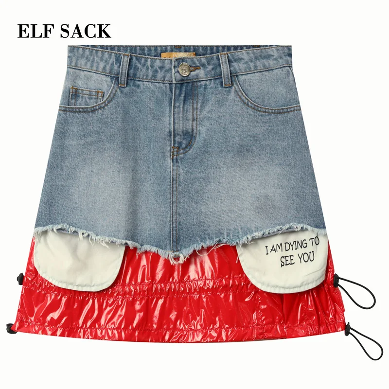ELFSACK, весна, новые модные женские юбки, повседневные, с принтом, из кусков, женские мини юбки, уличная одежда, хлопок, деним, для девушек