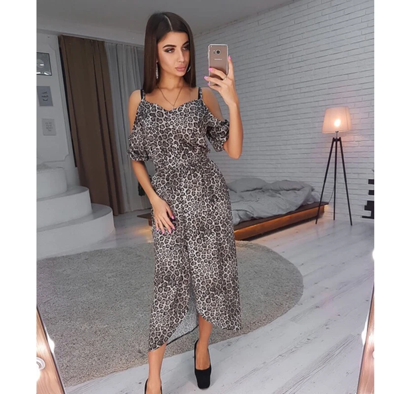 Женское богемное леопардовое платье с рюшами для вечеринок бретельками и