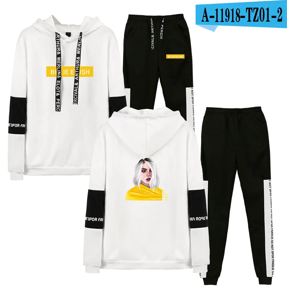 Новинка billie eilish, толстовка с капюшоном, женская модная толстовка с капюшоном, свитшоты+ спортивные штаны, костюмы, Осень-зима, теплый черный пуловер - Цвет: white