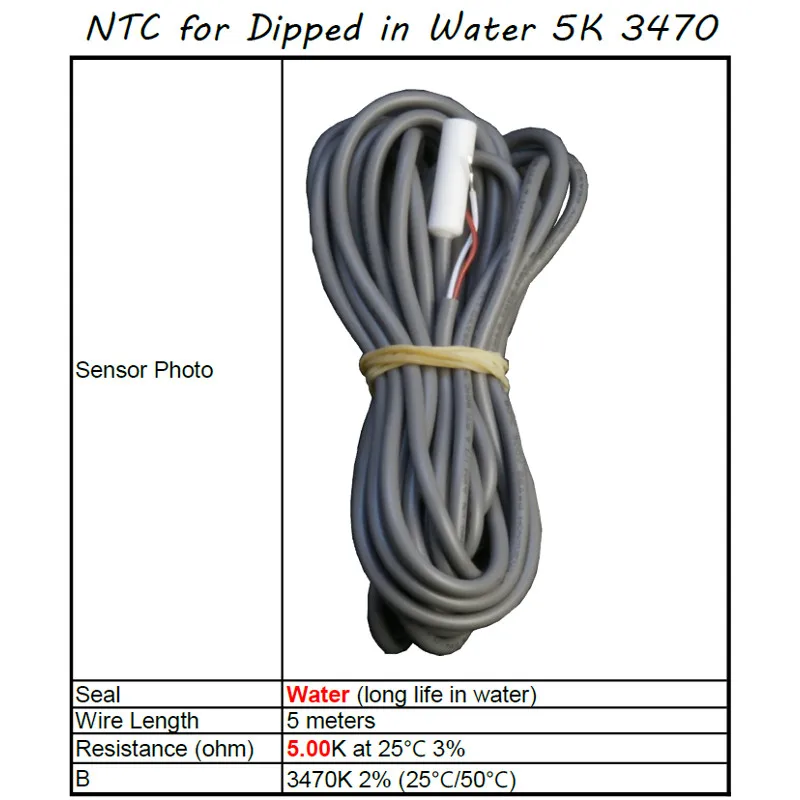 NTC датчик температуры, для смоченной в воде, 5,00 K Ом при 25C, B = 3470 K(25C/50C), длина 5 метров, Lilytech