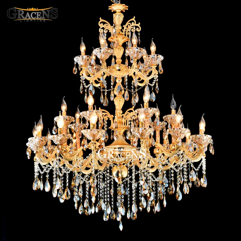 

Large 3 tiers Gold Crystal Chandelier Lighting Big Cristal Lustres Light Fixture 28 Arms Chandelier Crystal for Hotel Villa Stai