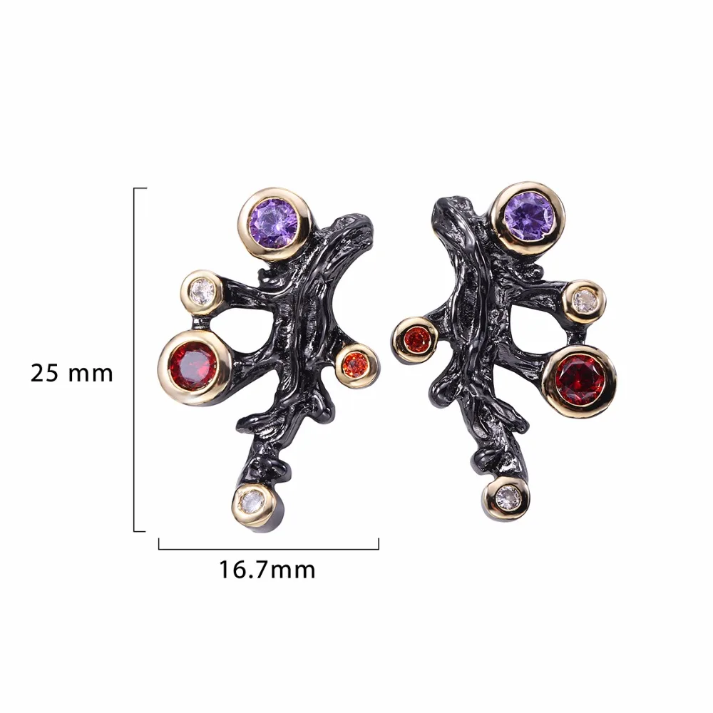 ZHE FAN Vintage Stud Earrings For Women AAA CZ Zirconia Black Gold Color Tree Branch 2 Tone Plating Jewelry Party Gift |