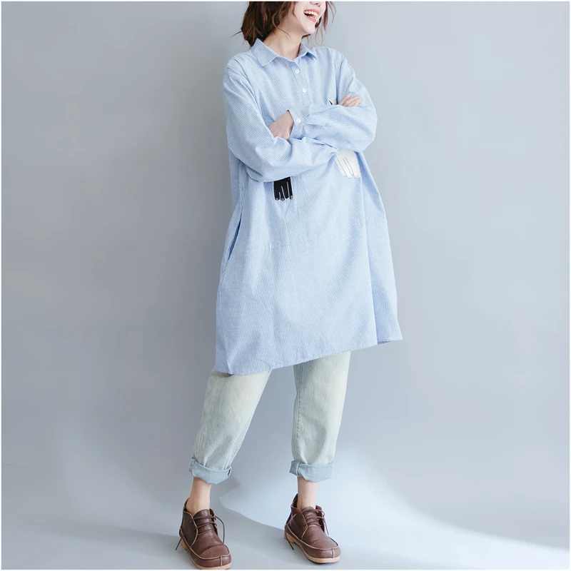 4XL 5XL 6XL Кот Вышивка блузка Осень Новый отложным воротником Длинные рубашка в