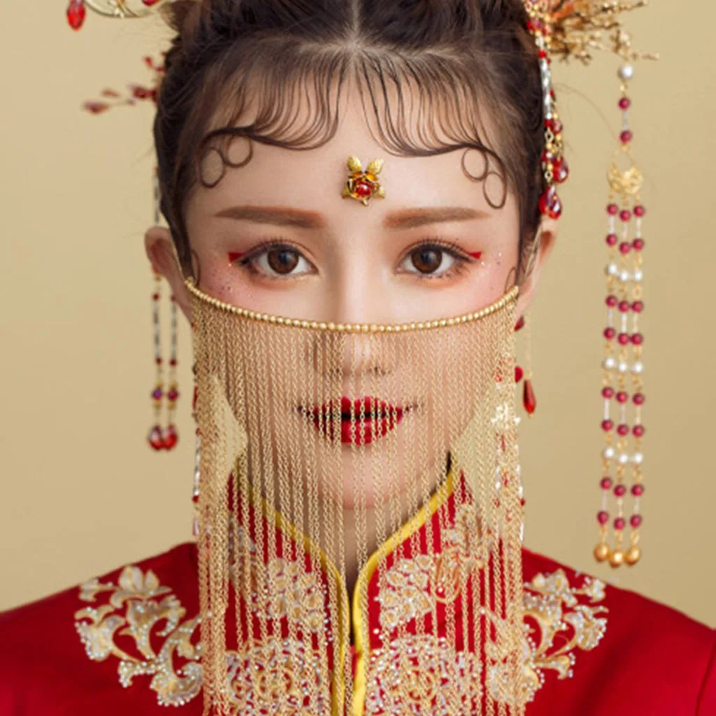 Traditional Chinese gold coloren Chain Tassel Red Beads Bridal Wedding Veil Curtain Fringed Elegant Fashion | Украшения и