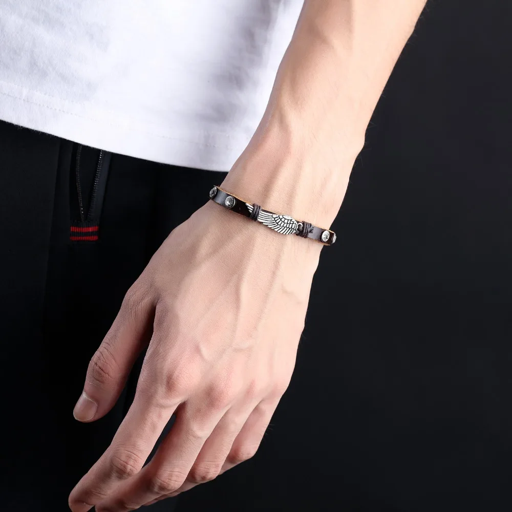 Felicelia New Arrival Feather Wing Design Men Bracelets Brown PU Leather Wrap Bracelet For Boys Casual Sporty Jewelry | Украшения и