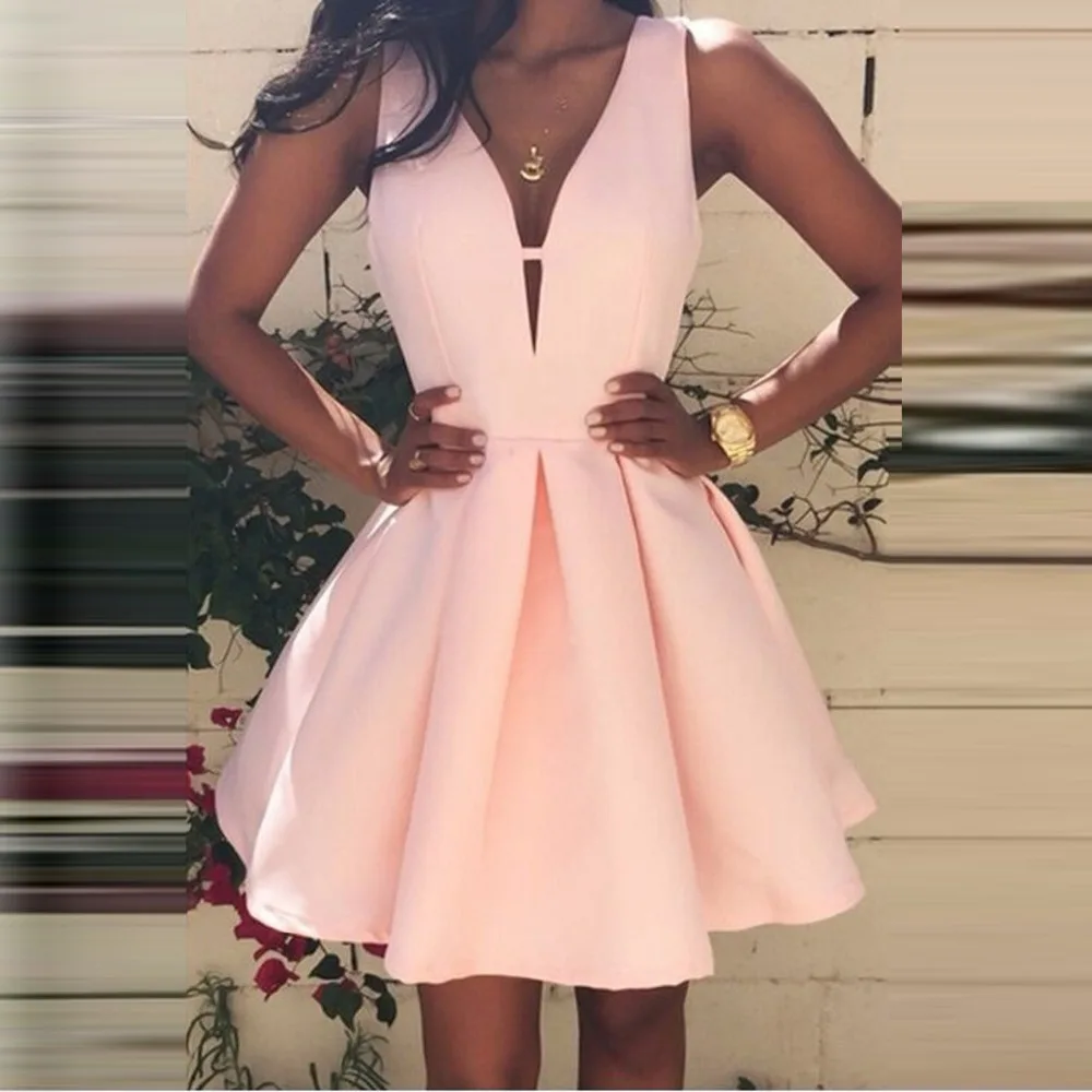 Robe de cocktail courte Короткие коктейльные платья Дешевые вечерние бальные платья с v-образным вырезом Розовые атласные платья для выпускного вечера