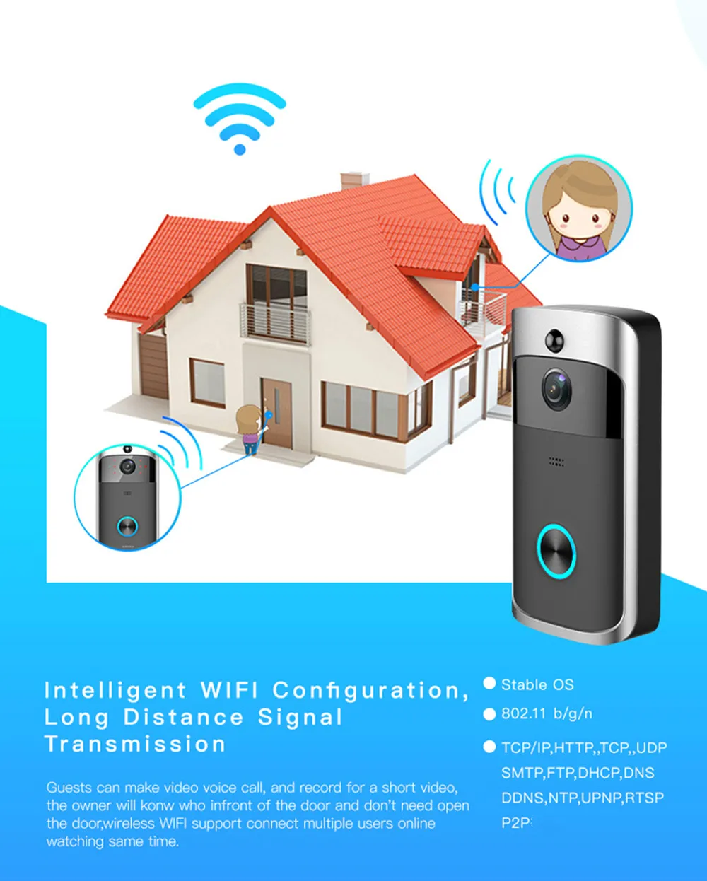 Видео дверной звонок WIFI HD Водонепроницаемая 720P визуальная камера + 2 шт. Dingdong для