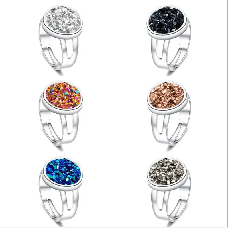 Круглое серебряное золото Druzy Drusy кольцо из смолы черный синий Druse регулируемое