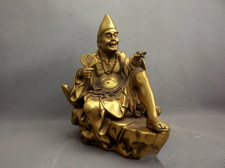 

Chinese Buddhism Copper Seat Holy Monk Living Buddha Ji Gong Hold Fan Statue