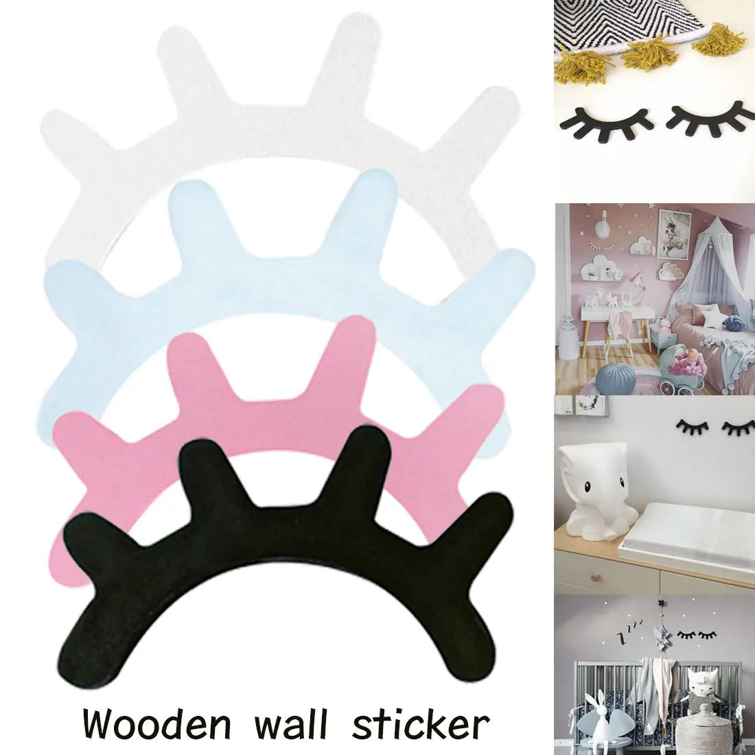 1 Pair Cartoon 3D Wood Eyelash Wall Sticker Children Kids Baby Room selfadhesive Background Home Decoration | Дом и сад