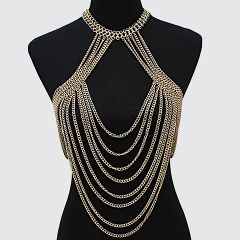 

Chran New Fashion Gold Color Bib Multi Layer Tassel Necklace Chain Bra Bikini Harness Punk Slave Beach Chain Jewelry BDC833
